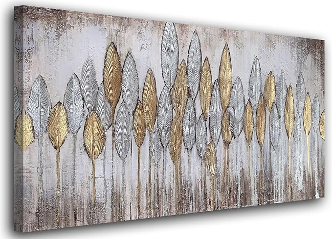 Acocifi Beige Neutral Wall Art Living Room, Abstract Leaf Gold Textured Painting, Modern Minimalist Picture Artwork Framed for Bedroom Dining Room Office Home Extra Large Decor 58"x29"
