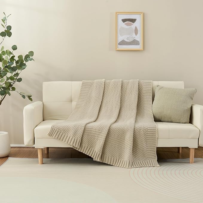 Knitted Throw Blanket 60"X80", Light Beige Knit Throws for Bed, Super Soft Boho Chevron Blankets for Couch Sofa Chair Room Decor, Textured Decorative Farmhouse Cozy Lightweight