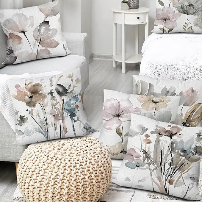 COMMINY Brown White Grey Pillow Covers 20x20 Set of 6 Flower Throw Pillow Cover for Couch Modern Decorative Watercolor Floral Cushion Cover for Sofa Bedroom Living Room Farmhouse Home Decor
