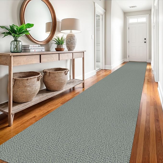 EARTHALL Extra Long Runner Rug 3x18 Ft Washable Runners for Hallways Cotton Non Slip Entryway Runner Braided Kitchen Runner Indoor Outdoor Carpet Runners for Hotels, Officel, Stair, Green/Grey
