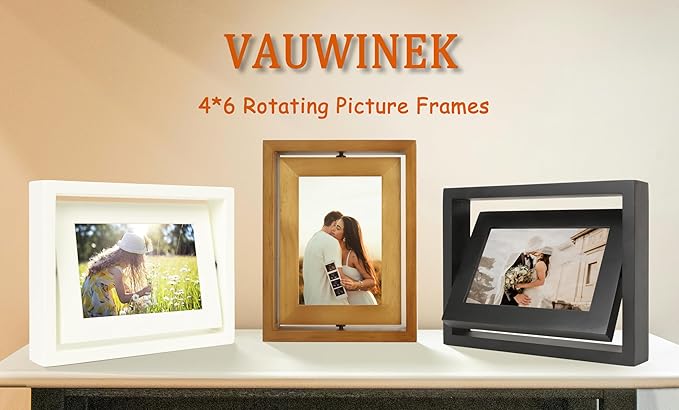 4x6 Double-Sided Rotating Floating Picture Frames (2 Pack, White), Solid Pine Wood with Real Glass for Horizontal Vertical Standing Display Desk Tabletop Photo Frames