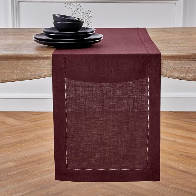 Solino Home Linen Table Runner 36 Inches - 100% Pure Linen Burgundy Hemstitch Table Runner 14 x 36 Inch Ideal for Dresser and Coffee Tables - Winter, Valentines - Classic Hemstitch