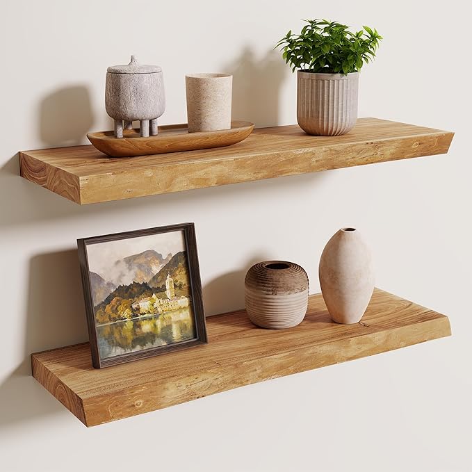 Axeman 24 inch Floating Shelves for Wall - 8'' D Live Edge Rustic Solid Elm Wood Floating Shelves Wall Mounted, Wall Shelves with Invisible Bracket for Living Room Bedroom Kitchen, Set of 2 Natural