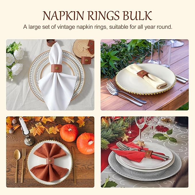 APTWOW 40PCS Leather Napkin Rings, Fall Thanksgiving Napkin Rings Bulk, Brown Vintage Farmhouse Napkin Holder for Wedding Party Birthday Banquet Table Decoration and Daily Use