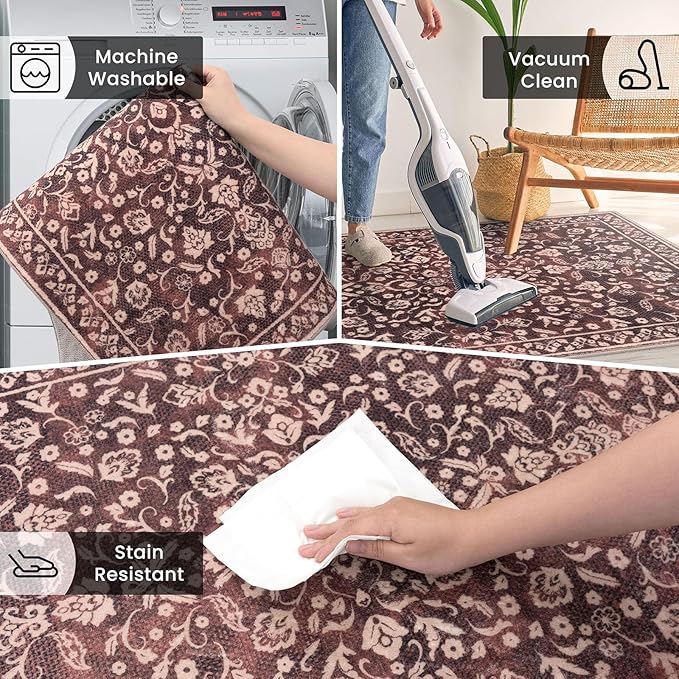 Vintage Washable 2x8 Runner Rug Non Slip, Burgundy Hallway Runner Rug, Super Soft Kitchen Runner Rug, Printed Faux Wool Thin Carpet Runner for Entryway Indoor Laundry Room Bedroom