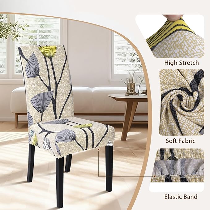 SearchI Dining Room Chair Covers Set of 4, Stretch Printed Parsons Chair Slipcovers Spandex Removable Washable Kitchen Chair Protector Cover for Dining Room, Hotel, Ceremony(Dandelion Pattern)