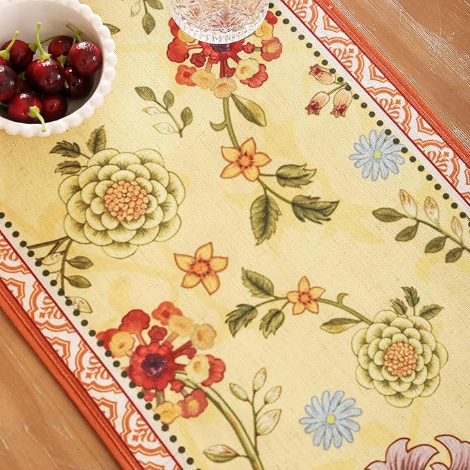 Rectangle Yellow and Orange Table Runner 71 Inches Long,Vintage Rustic Farmhouse Linen Floral Table Runners,Fall Decorations for Home Thanksgiving Christmas Party.12*71"-Bellano