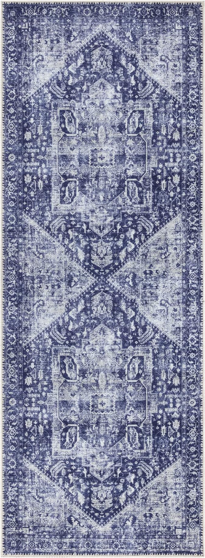 Bloom Rugs Washable Non-Slip 12 ft Runner - Blue/Ivory Traditional Runner for Entryway, Hallway, Bathroom, and Kitchen - Exact Size: 2.5' x 12'
