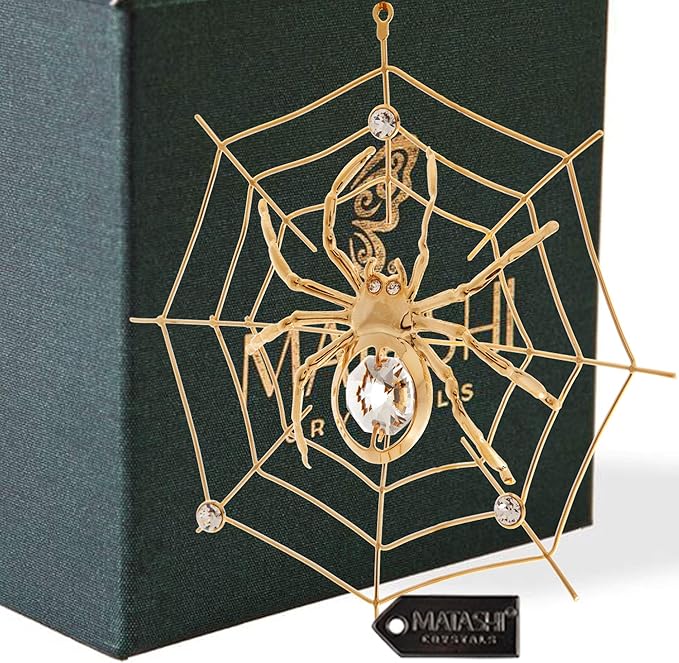 Matashi Christmas Decorations Spider On Web Ornament 24K Gold Plated Crystal Studded - Miracle Tinsel Legend Story,Tree Décor, Perfect for Christmas Gifts, Holiday Gifting, Seasonal Home Accents