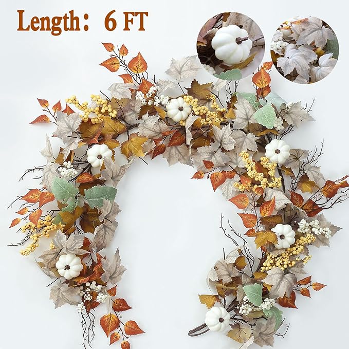 MIZII Fall Decor Artificial Maple Leaf Pumpkin Garland 6FT Fake Autumn Vines Garland Thanksgiving Halloween Harvest Decorations for Porch Mantle Table Centerpieces Fireplace Farmhouse (White PK)