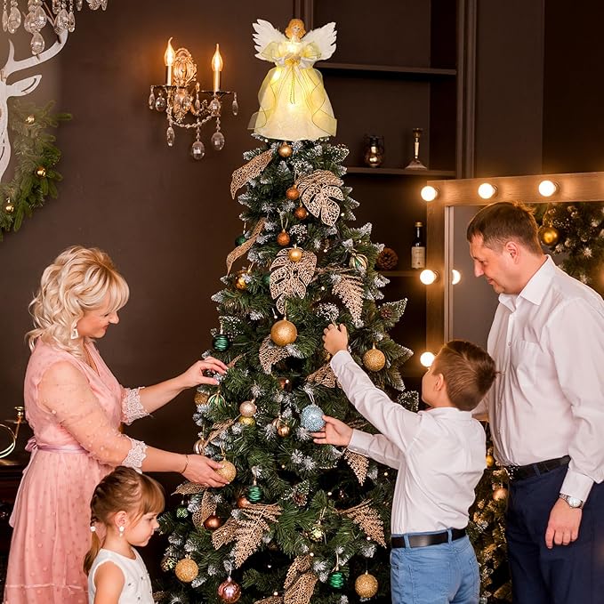 12.5" Angel Christmas Tree Topper with Lights, Lighted Angel Tree Topper with White Feather Wings and Star Light, Remote Control, Timer & USB Powered for Indoor Holiday Tree Decoration