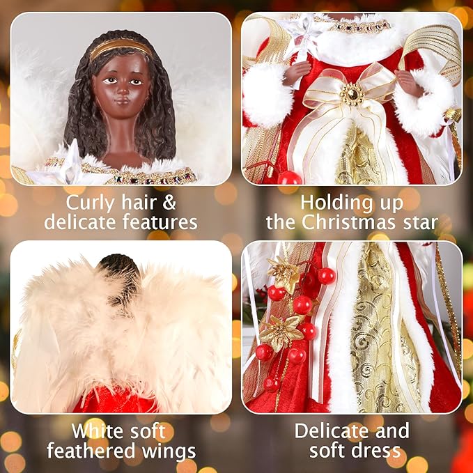 HMASYO Black Christmas Tree Topper Angel with Timer Lights, 12" African American Angel Tree Toppers with White Feather Wings, Star Light, Remote Control and USB Power Xmas Treetop Decor for Holiday