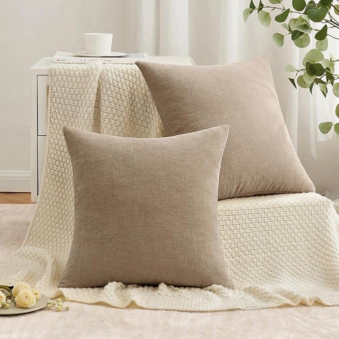 MIULEE Light Brown Couch Pillow Covers 20x20 Inch, Set of 2 Soft Chenille Decorative Square Throw Pillow Covers Farmhouse for Sofa Living Room Bed