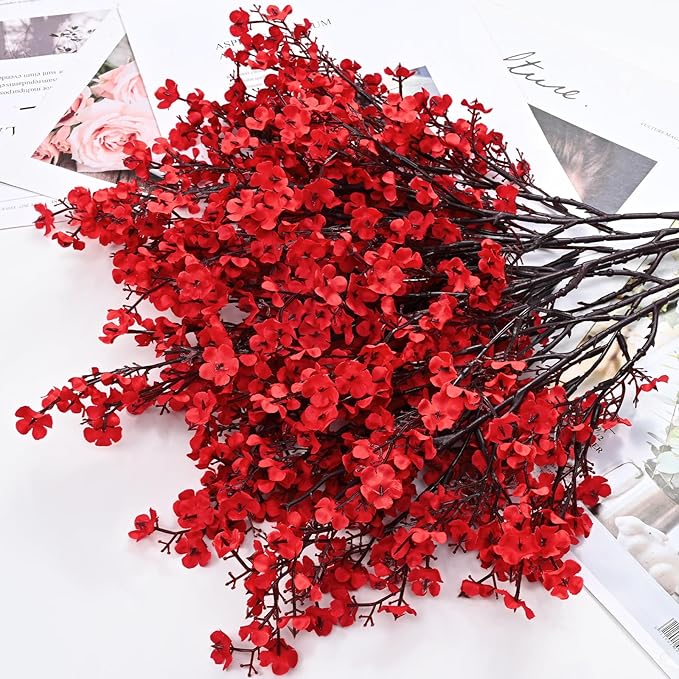 Yastouay Red Artificial Christmas Flowers, 10Pcs Real Touch Babys Breath Artificial Flowers Bulk, Fake Flowers for Vase Faux Flowers for Christmas Spring Decor Floral Arrangement