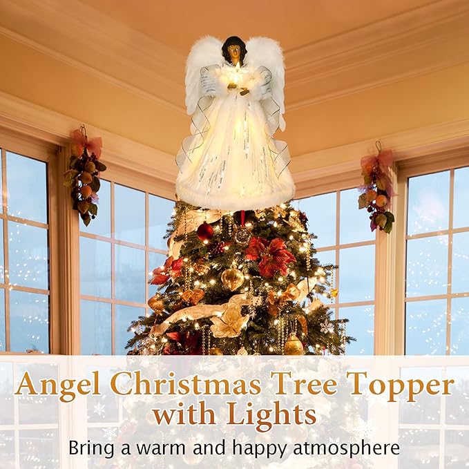 HMASYO Black Christmas Tree Topper Angel with Timer Lights, 12" African American Angel Tree Toppers with White Feather Wings, Star Light, Remote Control and USB Power Xmas Treetop Decor for Holiday