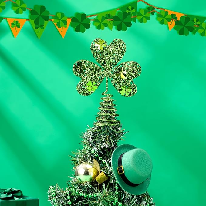 2pcs Valentine Day St Patrick's Day Mini Tree Topper Heart Shamrock Tree Topper Red Green Iron Metal Glitter Holidays Ornament for Irish Festival Party Decorations (2,Classic)