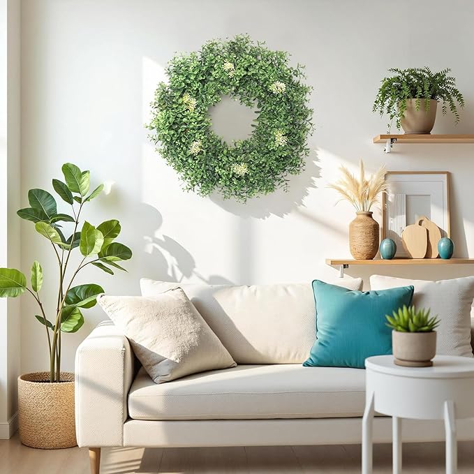 Weldomcor Green Boxwood Wreaths for Front Door 22 Inch, Spring Summer Artificial Greenery Wreath with Berries Outside All Season Farmhouse Decoration for Outdoor Indoor Home Porch Window Wedding Decor