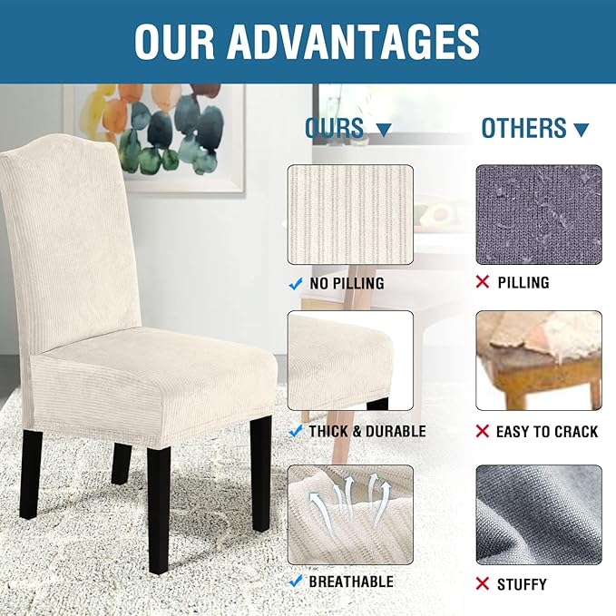 H.VERSAILTEX Velvet Dining Chair Covers Stretch Chair Covers for Dining Room Set of 2 Parson Chair Slipcovers Chair Protectors Covers Dining, Soft Thick Solid Velvet Fabric Washable, Ivory Striped