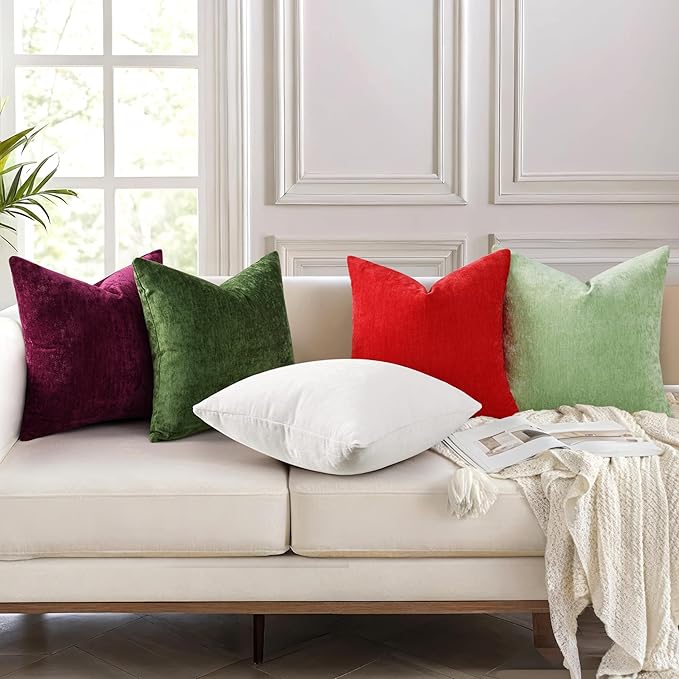 decorUhome Chenille Sage Green Christmas Throw Pillow Covers 22x22 Inch Set of 2, Decorative Soft Couch Pillow Covers Solid Dyed Accent Farmhouse Neutral Square Pillow Cases for Sofa