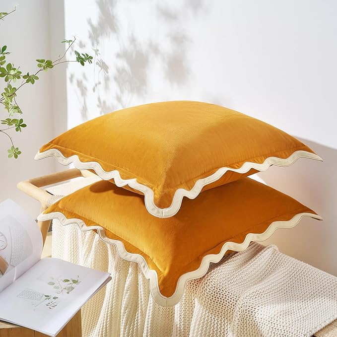 MONDAY MOOSE Decorative Throw Pillow Covers Cushion Cases, Set of 2 Soft Velvet Scalloped Wavy Edge Designs, Mix and Match for Home Decor, Pillow Inserts Not Included (20x20 inch, Cream/Honey)