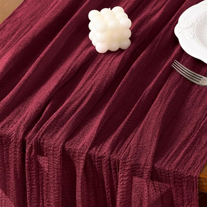 Socomi 3pcs Burgundy Gauze Cheesecloth Table Runner 120 Inch Rustic Boho Cheese Cloth Runner for Wedding Party Baby Bridal Shower Centerpiece Decoration Holiday Home Decorations