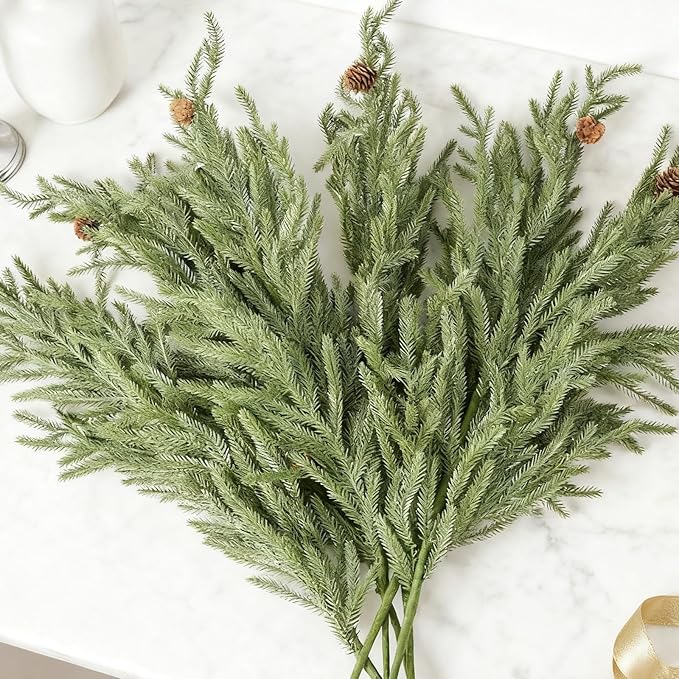 DN DECONATION Artificial Christmas Norfolk Pine Stems, Faux Pine Branches with Cones 35.4" 6PCS - Greenery Fake Pine Needles for Vase Arrangements, Winter, Holiday Indoor Outdoor Home Decor