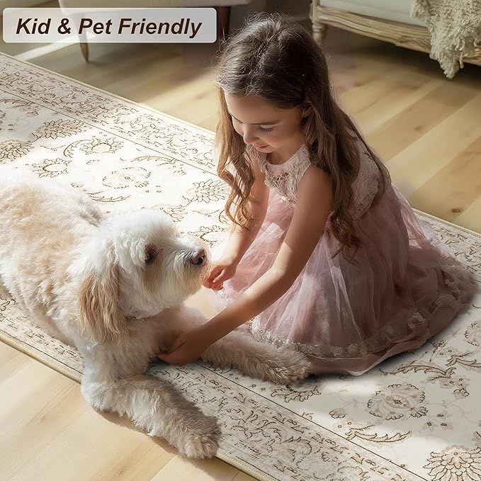 XWZO Runner Rug 2x6ft, Washable Hallway Runner with Non-Slip Backing, Spill Stain Resistant Floor Mat for Entryway Corridor Bedroom Kitchen Living Room, Soft Low-Pile Area Carpet, Beige