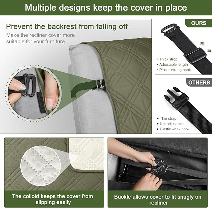 TAOCOCO 100% Waterproof Recliner Chair Covers, Non Slip Recliner Covers for Recliner Chair with Pocket, Washable Reclining Chair Cover Furniture Protector for Kids,Dogs(25'', Green)