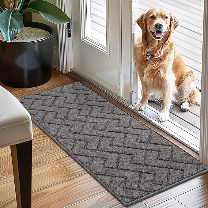 hicorfe Dirt Trapper Indoor Doormat,20"x48" Welcome Door mat,Non Slip Backing Washable Door Mats,Absorbent and Resistant Low-Profile Entrance Inside Floor Mat for Front Back Door,Entryway (Grey)