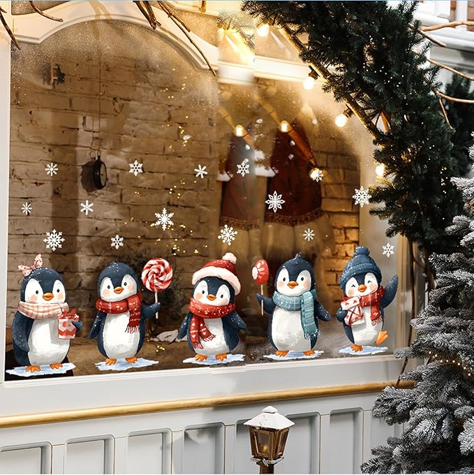 Christmas Penguin Wall Decals Stickers — Cute Winter Penguins with Scarves, Hats, Candy, and Gifts Removable Vinyl Wall Decor for Living Room, Bedroom, Office, Holiday Decoration