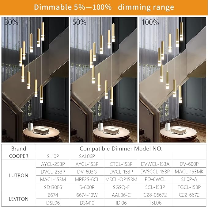9-Light Modern Pendant Light Fixture Dimmable LED 54W Gold Staircase Large Chandelier Lobby Living Room Bedroom Foyer High Ceiling Chandelier