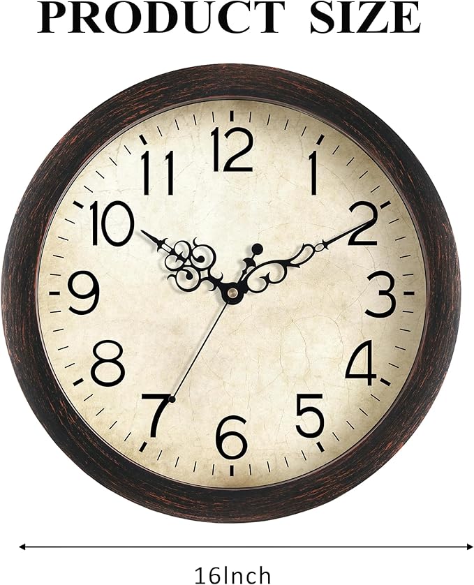 Wall Clock, Vintage Wall Clocks Battery Operated Quartz Silent Non-Ticking 16 Inch Retro Rustic Style Clock Decorative for Kitchen,Bathroom Home Office (Bronze)