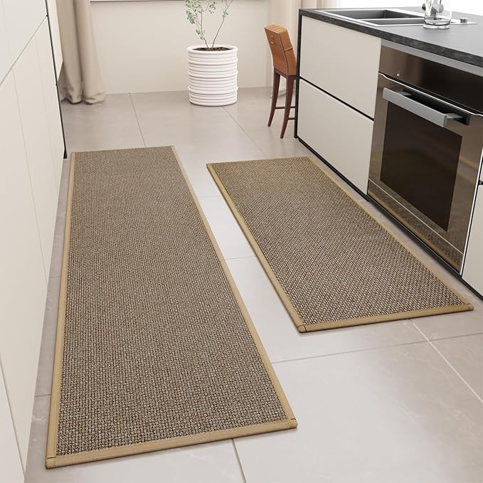 Kitchen Mat Set of 2 PCS, Cushioned Non Slip Rugs for Kitchen Floor, Absorbent Runner Comfort Standing Mats Washable for Kitchen, Office, Home,(Brown, 17.3"x47"+17.3"x71")