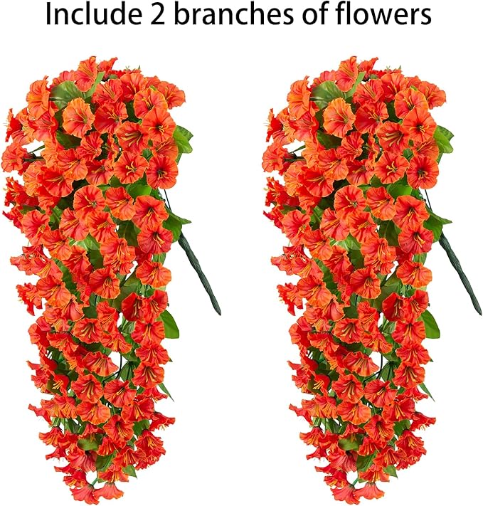 HyeFlora Artificial Fake Hanging Flowers Plants for Outdoor Outside, 2PCS Faux Silk Orange Morning Glory Trailing Vines UV Resistant Look Real for Home Planter Porch Patio