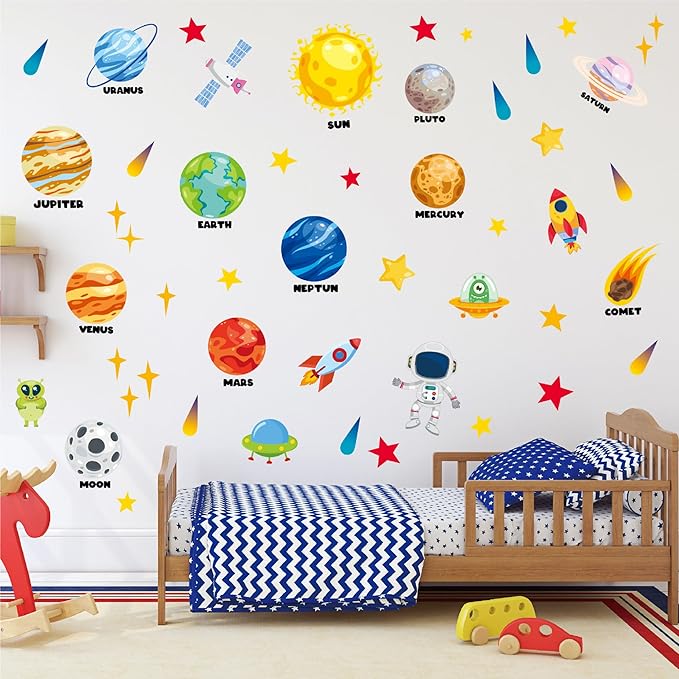 Outer Space Wall Decals 4 Sheets 58 Pcs Planets, Rocket & Astronaut Wall Stickers Removable Nursery Decor for Kids Bedroom, Playroom, Classroom Peel & Stick Space Theme Decals for Boys Girls