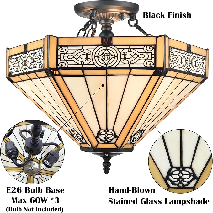 SAMTEEN Tiffany Style Semi Flush Mount Ceiling Light 3-Light Stained Glass Ceiling Light 16 Inches Tiffany Flush Mount Light Fixture for Hallway Foyer Bedroom Kitchen Living Room