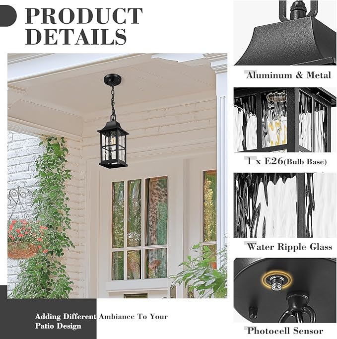Emliviar Modern Outdoor Hanging Lantern with Dusk to Dawn Sensor, 10.6 Inch Pendant Lighting Fixture for Porch in Black Finish, Water Ripple Glass, YXE306H-PC BK-SW