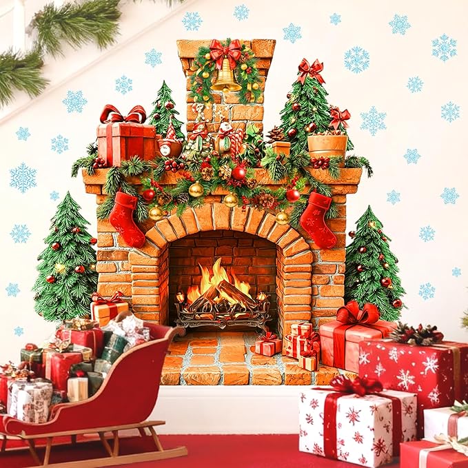 Large Fireplace Wall Stickers Removable Christmas Wall Decals Peel and Stick Fireplace Mural Sticker Winter Tree Snowflake Holiday Decorations for Walls Xmas Fire Flame Decal Party Decor