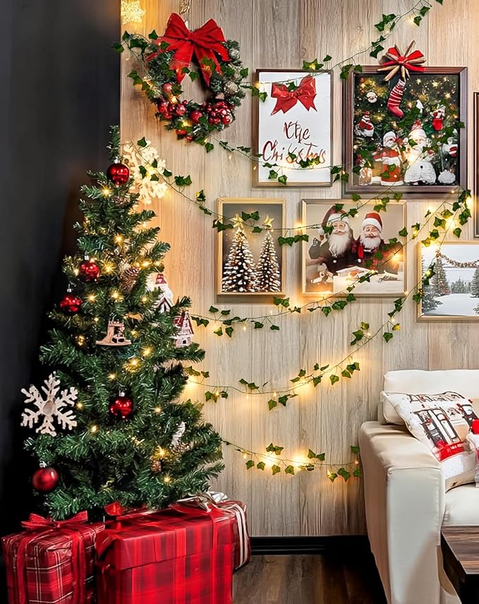 JMEXSUSS 100 LED Vines with Lights Plug in, Ivy Vines with Fairy Lights with Remote, 33 FT Leaf String Lights Waterproof for Room Bedroom Wall Fireplace Christmas Decoration（Warm White）