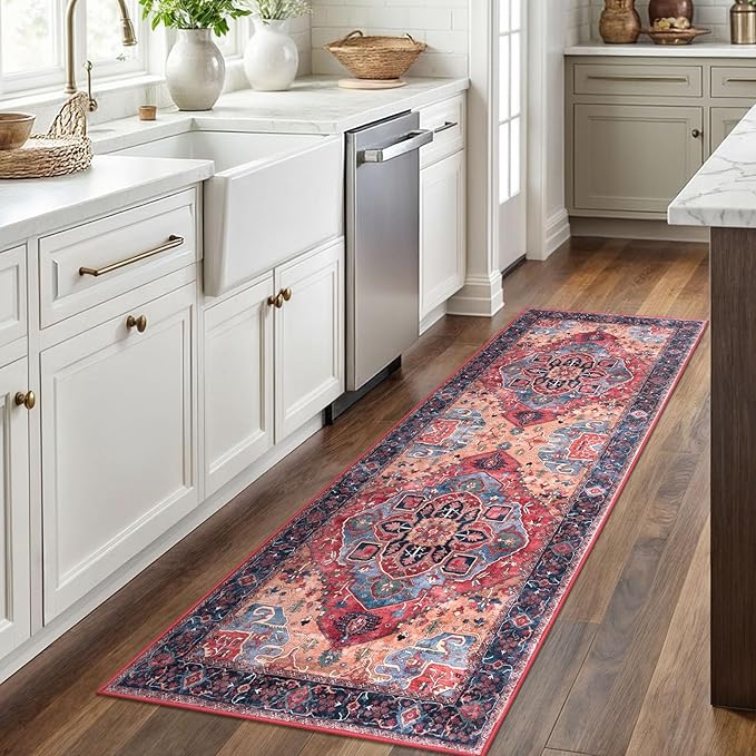 2x6 Washable Runner Rug for Hallways, Red Soft Floor Vintage Kitchen Rugs with Non-Slip, Non-Shedding Boho Rug for Bedroom Kitchen Porch Laundry Entryway