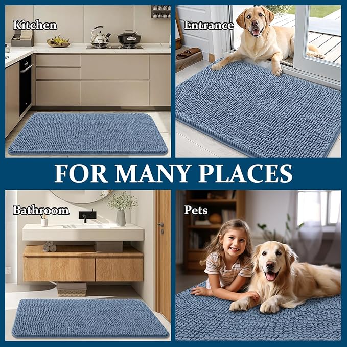 OLANLY Dog Door Mat for Muddy Paws 34x21, Absorbs Moisture and Dirt, Absorbent Non-Slip Washable Doormat, Quick Dry Chenille Mud Mat for Dogs, Entry Indoor Entryway Carpet for Inside Floor, Airy Blue