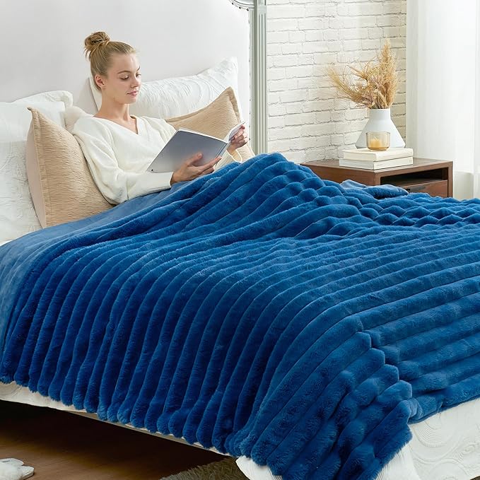 Cozy Bliss Faux Fur Throw Blanket for Couch, Cozy Warm Plush Striped Blanket for Sofa Bedroom Living Room, 90 * 90 Inches Navy Blue