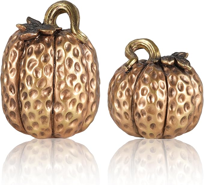 Gold Resin Pumpkin Figurines Set of 2 – Textured Fall Harvest Decorations for Table Centerpiece Thanksgiving Décor, Autumn Home Accents (Gold)