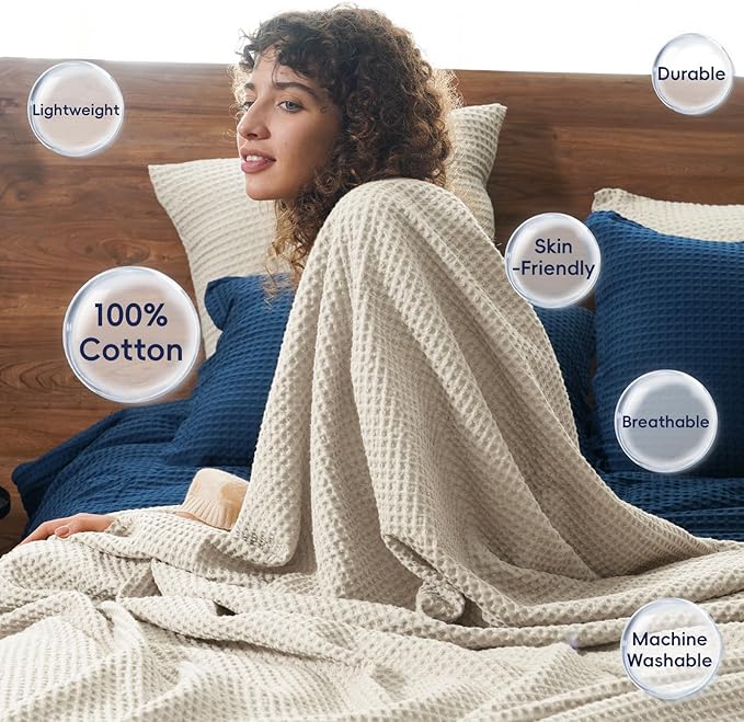 PHF 100% Cotton Waffle Weave Throw Blanket，Pre-Washed Snag Proof Lightweight Breathable Moisture-Wicking for Layering in Cold Weather for Couch Bed,Machine Washable,Home Decor Gift-Linen/Stone