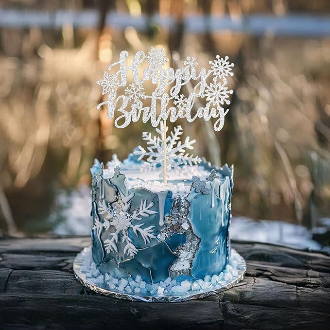 Gyufise 1 Pack Snowflake Happy Birthday Cake Topper Glitter Winter Wonderland Cake Pick Winter Frozen Theme Cake Decorations Birthday Theme Party Christmas Baby Shower Decoration Supplies White