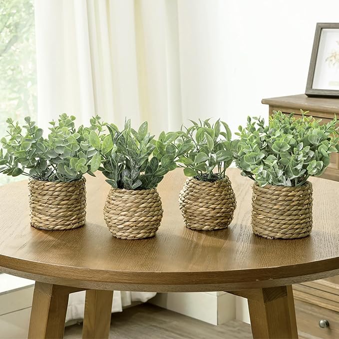 Small Fake Potted Plants: 7 Inches Artificial Plants with Seagrass Handwoven Planters, Indoor Farmhouse Decorations, Eucalyptus Plant for Home Bathroom Office Shelf Tabletop Desk Room Decor or Gift