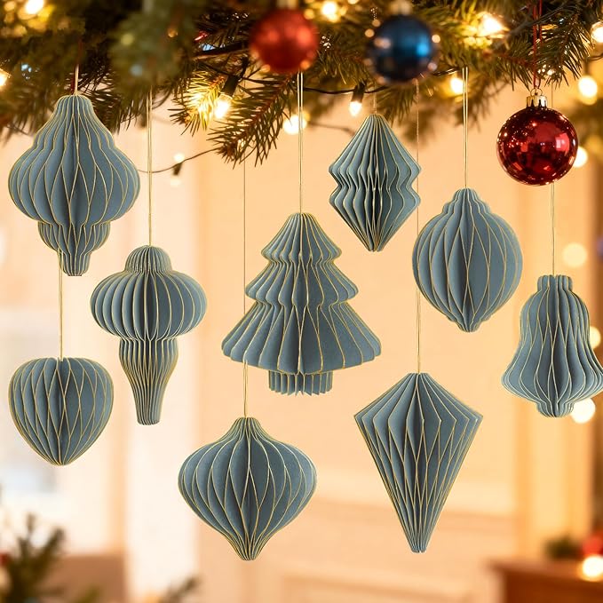 12Pcs Dusty Blue Paper Christmas Party Decorations, 3D Honeycomb Paper Hanging Ornaments with Glitter Edges, Classic Honeycomb Lantern Ornaments for Christmas Trees Winter Wonderland Party