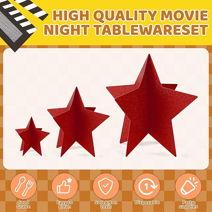 70 Pcs Red Star Centerpieces for Movie Night Party Decorations 3D 2025 Graduation Table Decor 3 Sizes 8" 5" 3" Red Carpet Film Show Theme Birthday Party Back to School Table Decor