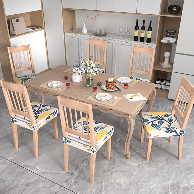 Stretch Dining Chair Seat Covers Set of 6,Dining Chair Slipcovers, Floral Printed Chair Covers,Soft Fabric Washable Upholstered Chair Seat Protector, No Rear Covers for Home Kitchen Dining Room