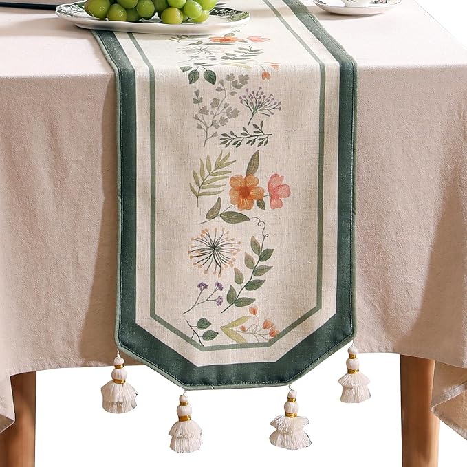Linen Cheesecloth Table Runner,French Farmhouse Shabby Chic Floral Pattern 71 Inches Long Wrinkle Free Table Runners,Decor Tabletop for Kitchen,Dining,Party,Home,Christmas,12"*71"